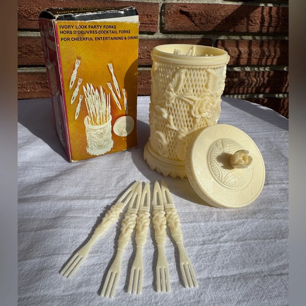 Vintage Celluloid Hors d’Oeuvres Fork Set w/Floral Holder & Box